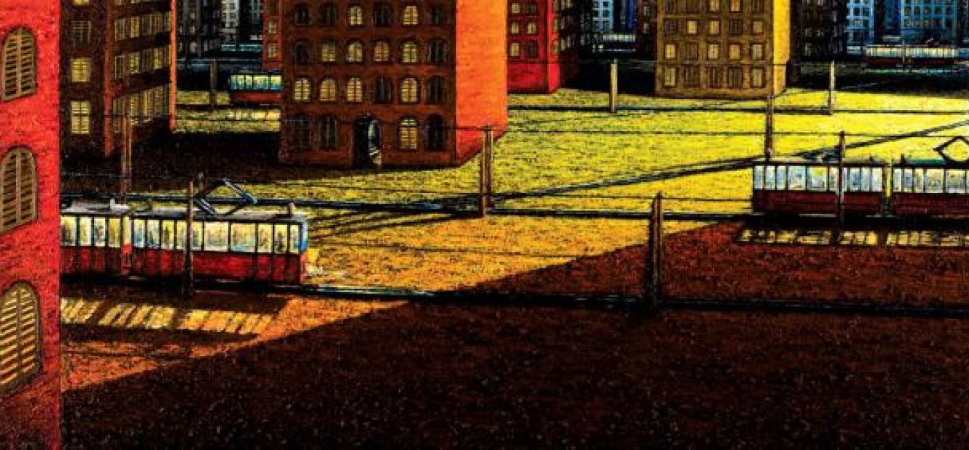 Adam Patrzyk Pejzaż miejski z dwoma tramwajami