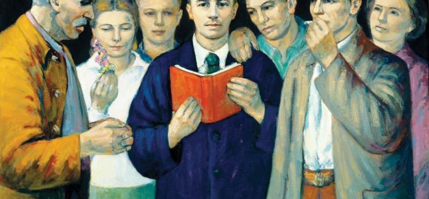 Alfred Lenica- Młody Bierut wśród robotników , 1952 r., Muzeum Zamoyskich w Kozłówce, fot. T. Żółtowska-Huszcza