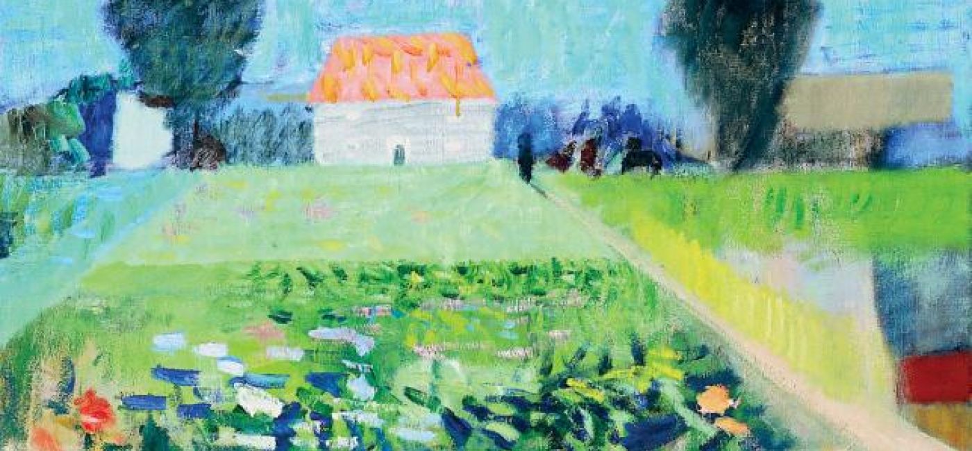 Artur Nacht-Samborski- Domek z czerwonym dachem wśród pól , ok. 1960 r., Muzeum Narodowe we Wrocławiu