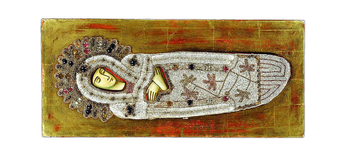 Ikona Zaśnięcie Bogurodzicy w paciorkowej sukience, Rosja XIX w.