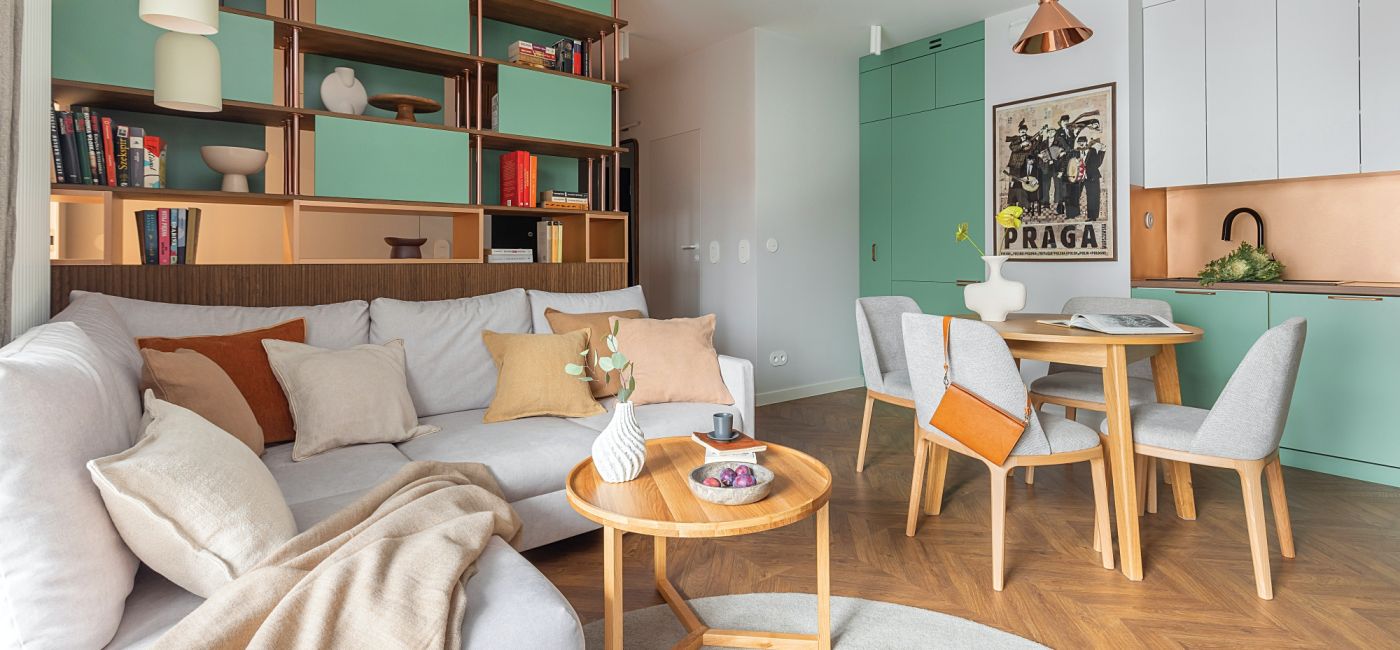 mieszkanie 53 m2 w zieleni i błękicie