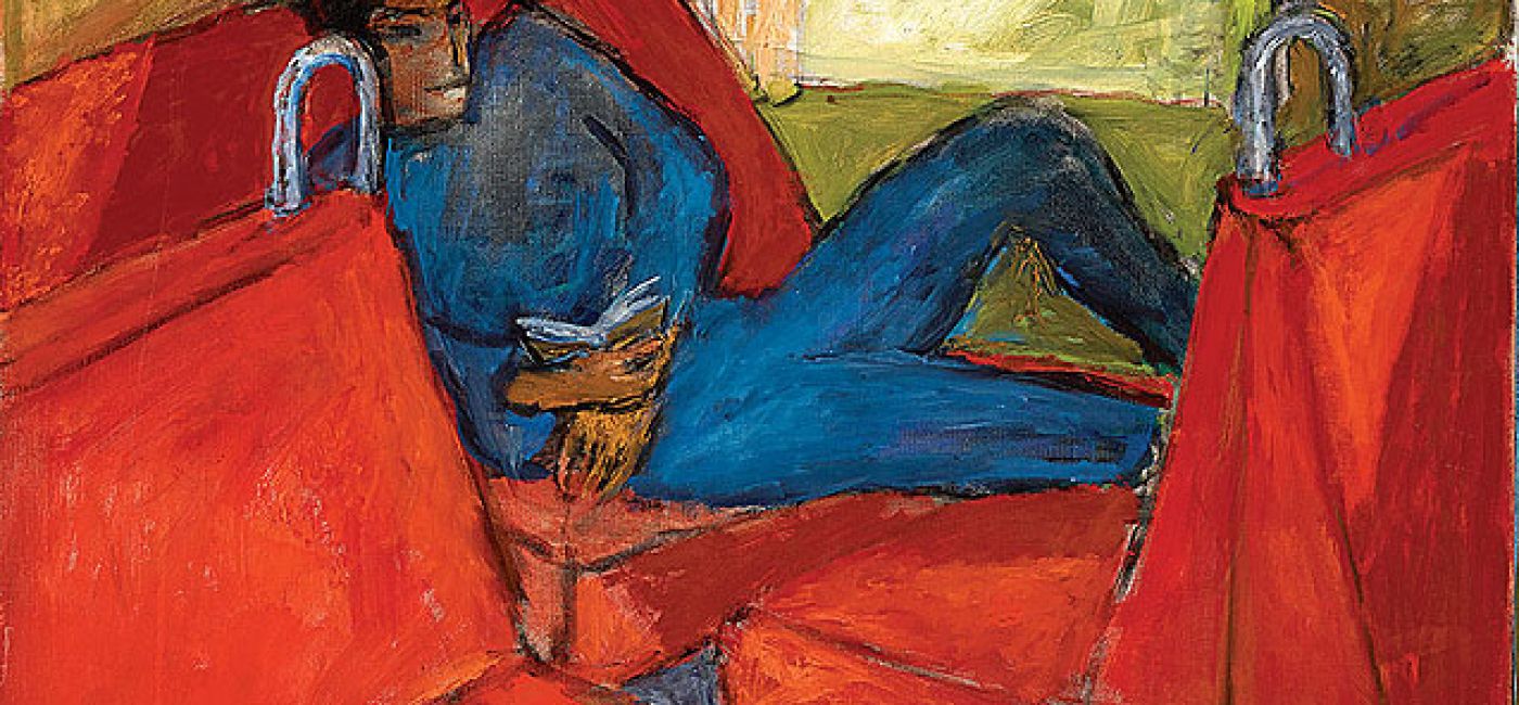 Młody mężczyzna na czerwonym tle , 1980 r.