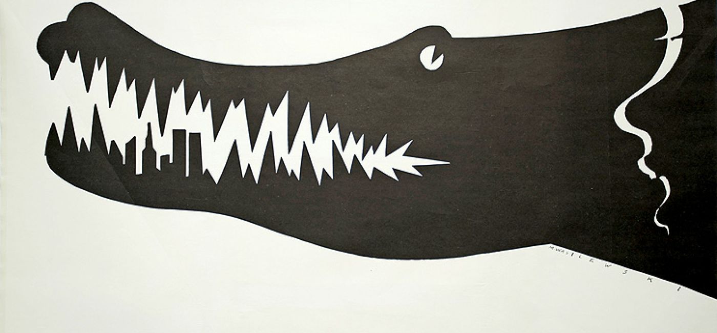 Plakat Mieczysława Wasilewskiego do filmu Krokodyl Dundee II , 1988 r. (Po 2001 roku zyskał nowy wymiar dzięki wieżom World