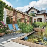 ogród z oczkiem wodnym i trejażem