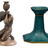 Akt młodego mężczyzny, świecznik, brąz patynowany, XX w., cw 4000 zł, niesprzedany, OSTOYA. Ceramiczny szkliwiony