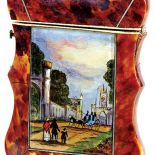 Angielski wizytownik ze skorupy żółwia dekorowany tak zwanym gem painting (ukryte malowanie, pod szkłem), około