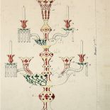 Archiwalny rysunek kandelabra Coupe z czerwonegi i szmaragdowego kryształu.