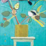 Artur Nacht-Samborski- Donica z gałązkami i liśćmi na zielonym tle , 1974 r., Galeria Arsenał w Poznaniu