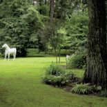 Biały koń w ogrodzie - od razu widać, że w domu mieszka artysta.