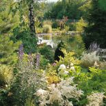 Bujna zieleń nad stawem. Dom z elewacją z wapienia