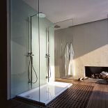 Chłodne szkło i beton skontrastowano z ciepłym drewnem na podłodze. Panel prysznicowy zaprojektował Philippe Starck.