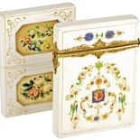 Dwa wizytowniki z papier mache, jeden (w tle) dekorowany haftem petite point , drugi