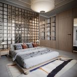 sypialnia ze ścianą z luksferów