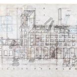 Inwentaryzacja budynków. Fabryka Małgosi G. , stara kalka techniczna, tusz, wosk, 2008 r.