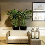 Kanapa Quatro z białej skóry i rattanu. Cena - 3800 zł. Do kompletu stolik z kamiennym blatem (1100 zł). BIBELOU