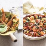 Smażone małe rybki z kwiatami cukinii i bazyliowy aioli oraz warzywny tian