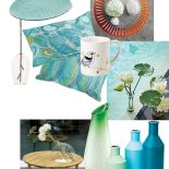 Lampa na gałązce, patera, poduszki, stolik z wazonem, sztuczne nenufary (Sia), Kubek, wazon Green Garden,