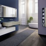 Ciemne ściany i podłogi pasują bardziej do dużej łazienki.