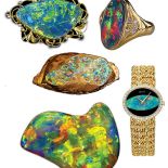 Od góry: czarny opal australijski, bonhams.com, pierścień z australijskim opalem, opal pawi, damski złoty zegarek z opalem,