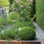 Ogród zaczyna się po miejsku: murawa, ścieżki wysypane żwirem lub wyłożone otoczakami, przycięte w kule