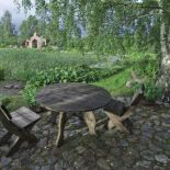 Pod malowniczą brzozą stoją drewniane ławy, krzesła i niski stół.