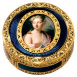 Pozłacana tabakiera z pozytywką. Na wieczku portret damy namalowany przez rokokową malarkę Rosalbę Carrierę, XVIII