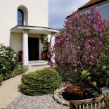 Przed wejściem do domu wiosną kwitnie magnolia.