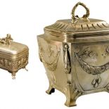 Skrzynkowa, srebrna, Wiedeń, 2 poł. XIX w., cw 7000 zł, DESA UNICUM. Cukiernica złocona, fabryka Norblin i S-ka, Polska,