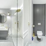 Obszerną kabinę prysznicową wyłożono płytkami gresowymi Infiniti przypominającymi marmur. Dla kontrastu dobrano złotą