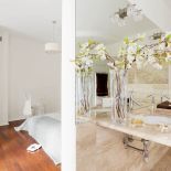 Sypialni od eleganckiej łazienki nie dzielą żadne drzwi. Jest także kominek. Cudem udało się namówić