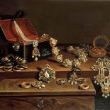 Szkatułka z niemiecką biżuterią na stole , Pieter Gerritsz van Roestraten