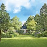 Dom z ogrodem pełnym wysokich drzew