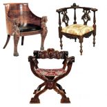 Wytworna mahoniowa berżera, ok. 1900 r. Fotel kątowy w stylu eklektycznym, Europa Środkowa, ok. 1890 r., cw 3200 zł,