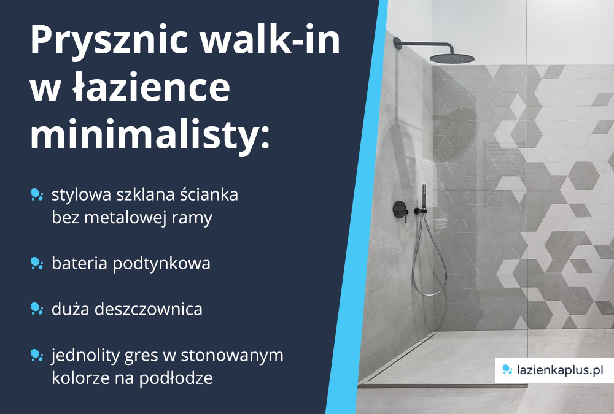 Prysznic walk-in w łazience minimalisty: stylowa szklana ścianka bez metalowej ramy, bateria podtynkowa, duża deszczownica, jednolity gres w stonowanym kolorze na podłodze.
