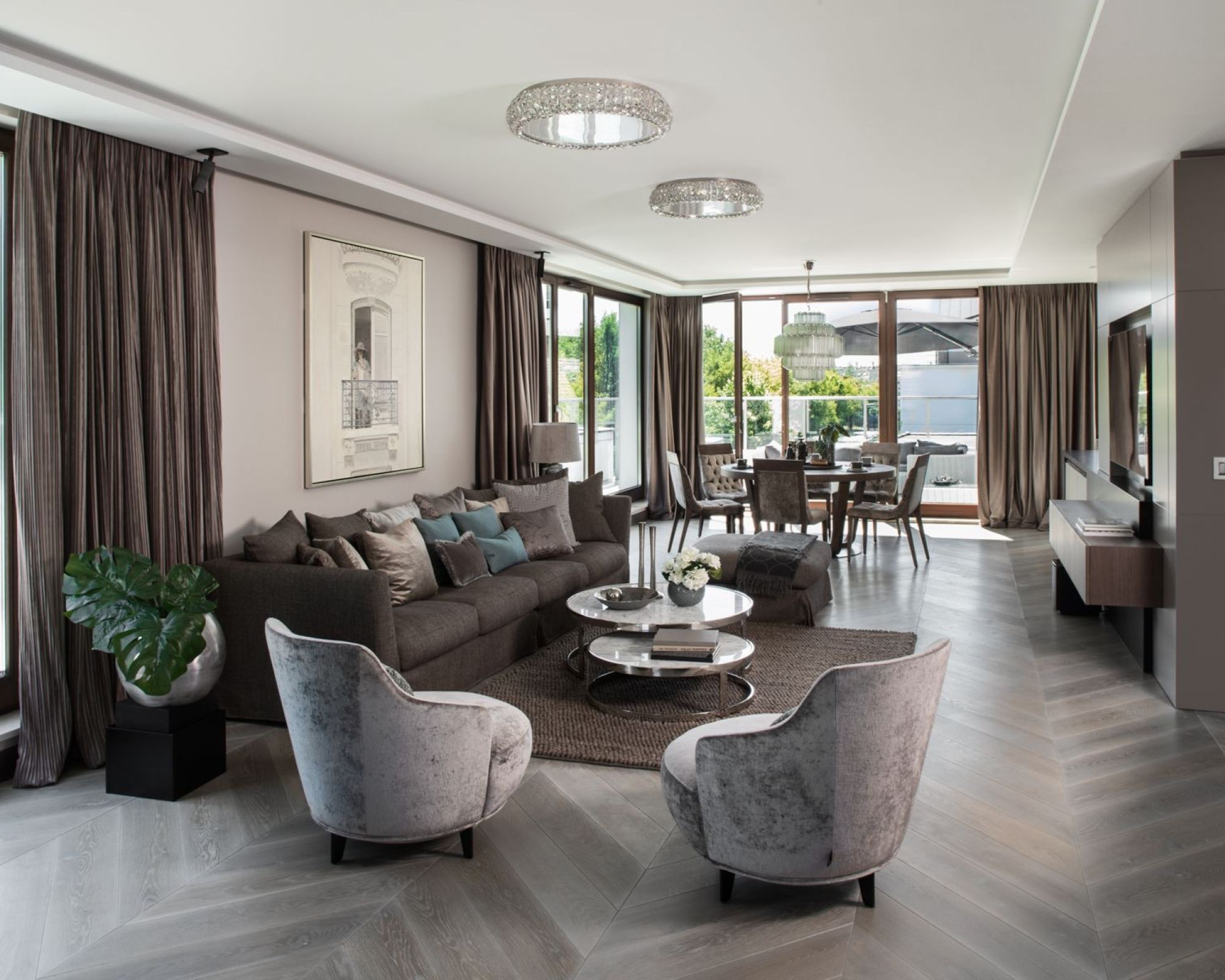 Położony w sercu Warszawy, 160-metrowy luksusowy apartament jest nowoczesny i bardzo elegancki. Monochromatyczne wnętrze z