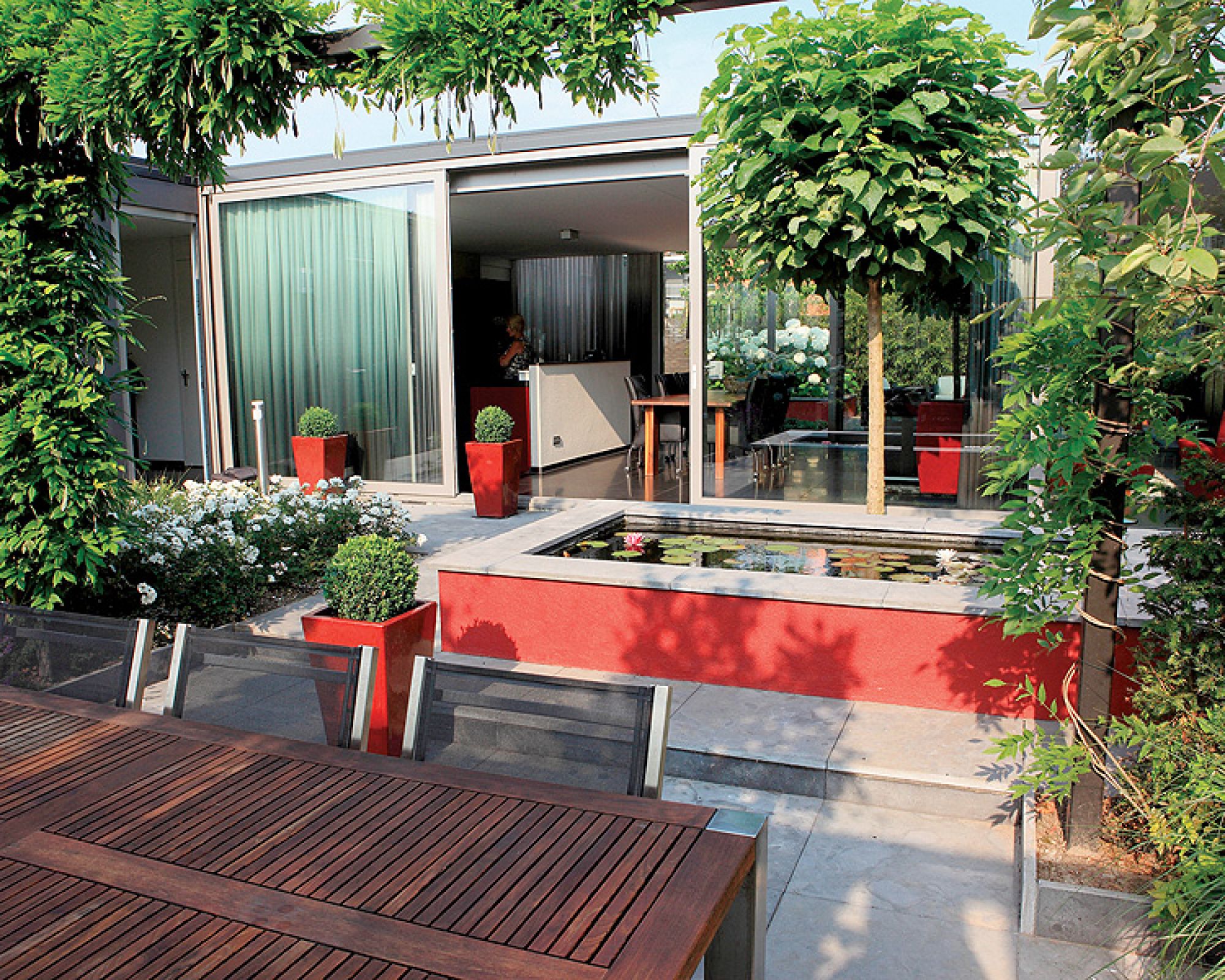 Czerwone akcenty w ogrodzie nawiązują do mebli w kuchni. Zielone kule w wysokich donicach to strzyżony bukszpan. W sadzwce