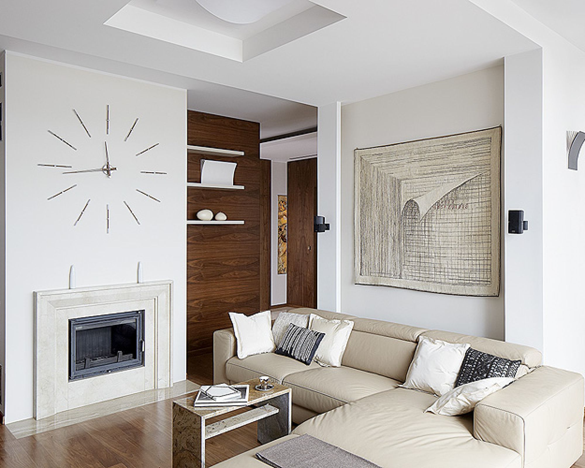 Nad sofą firmy Livingroom wisi tkanina artystyczna Anny Buczkowskiej.