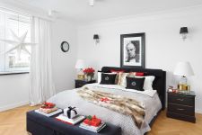 biała sypialnia z czarnymi dodatkami styl nowojorski