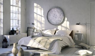 Industrialna sypialnia w jasnych kolorach