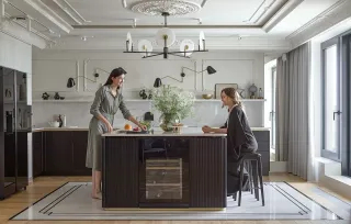 kuchnia z ryflowaną wyspą z ciemnego drewna