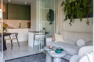 mały salon połączony z kuchnią