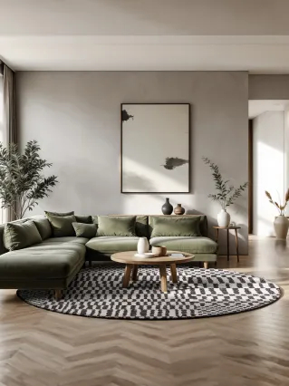 okrągły dywan w salonie