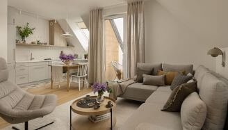 52-metrowe mieszkanie na poddaszu w drewnie i szarościach