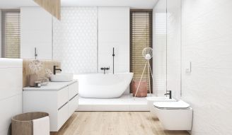 łazienka biała z drewnem