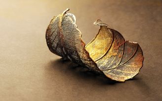 Ewa Rudowska wyczyszczone fragmenty liści pokrywa miedzią, galwanizuje srebrem albo złotem, a potem układa w