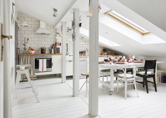 Białe mieszkanie na strychu urządzone w stylu skandynawskim.