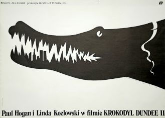 Plakat Mieczysława Wasilewskiego do filmu Krokodyl Dundee II , 1988 r. (Po 2001 roku zyskał nowy wymiar dzięki wieżom World