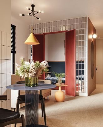 mała sypialnia wydzielona luksferami