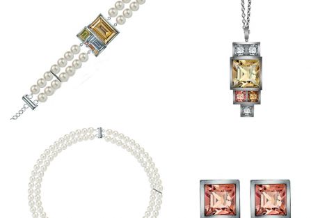 Kolekcja Empire - zestawienie pereł słodkowodnych i kryształów Swarovskiego w ciepłych odcieniach beżu i brązu.