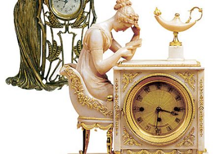 Zegar stojący w secesyjnej stylizowanej obudowie estymacja 2250-2750 zł, Rempex. Alabastrowy zegar kominkowy, Francja,